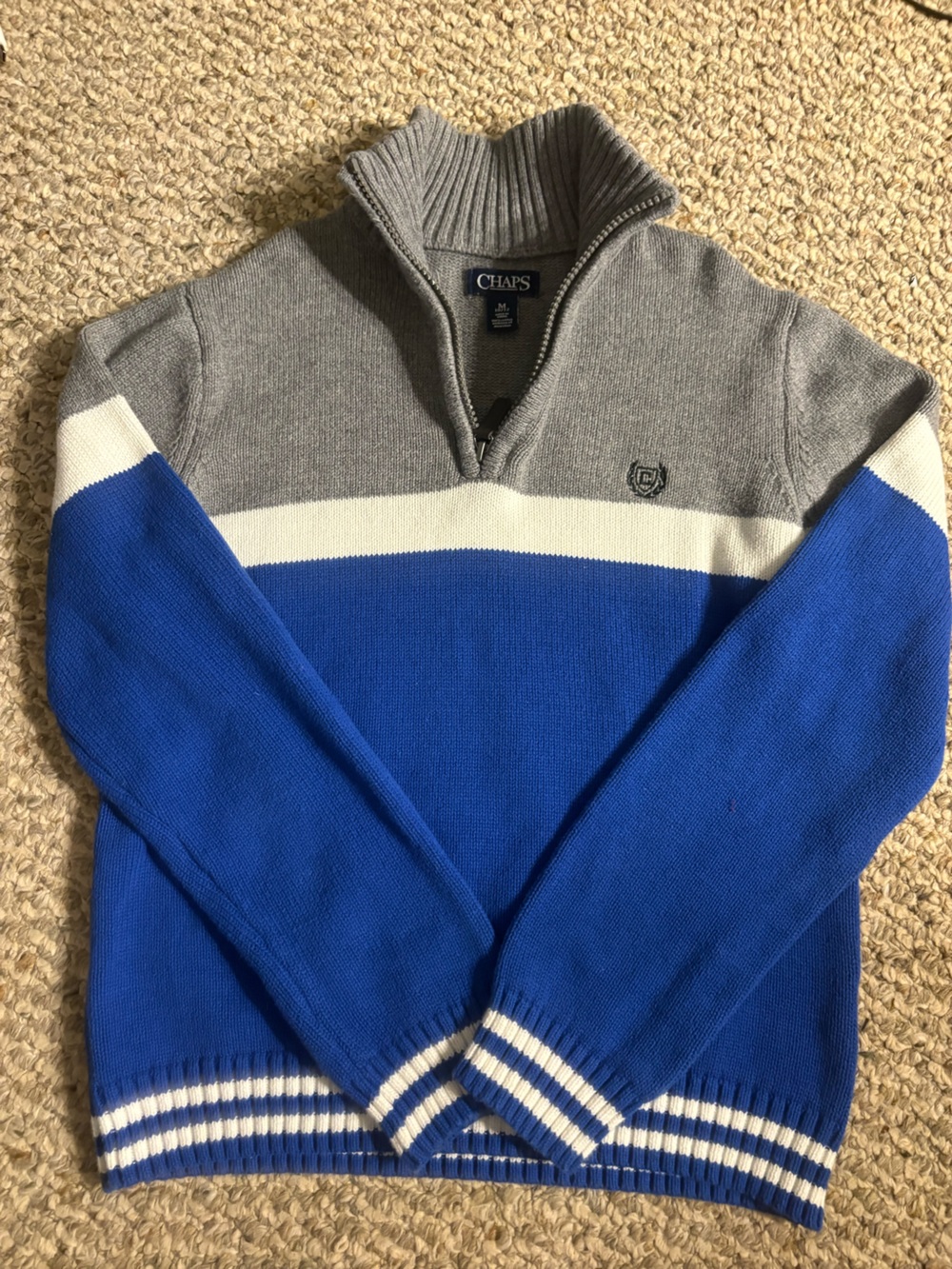 Chaps Kids Blue, Gray & White Quarter-Zip Knit Sweater, Size 10/12